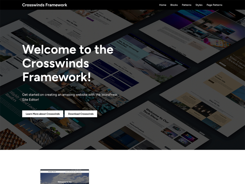 Screenshot of the Crosswinds Framework demo site homepage