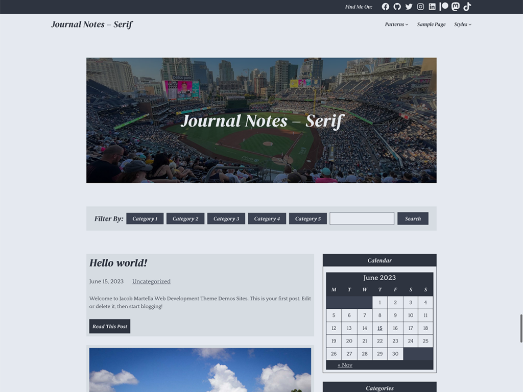 Screenshot of the Journal Notes Serif demo site