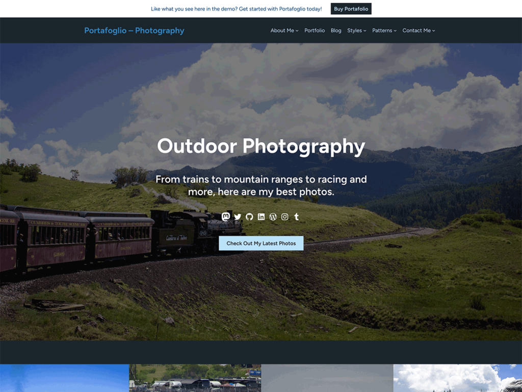 Screenshot of the Portafoglio photography demo site homepage