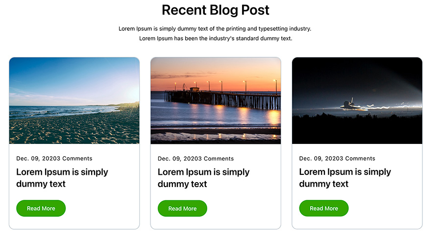 Screenshot of the Recent, creative blog post with title, description and 3 post block pattern
