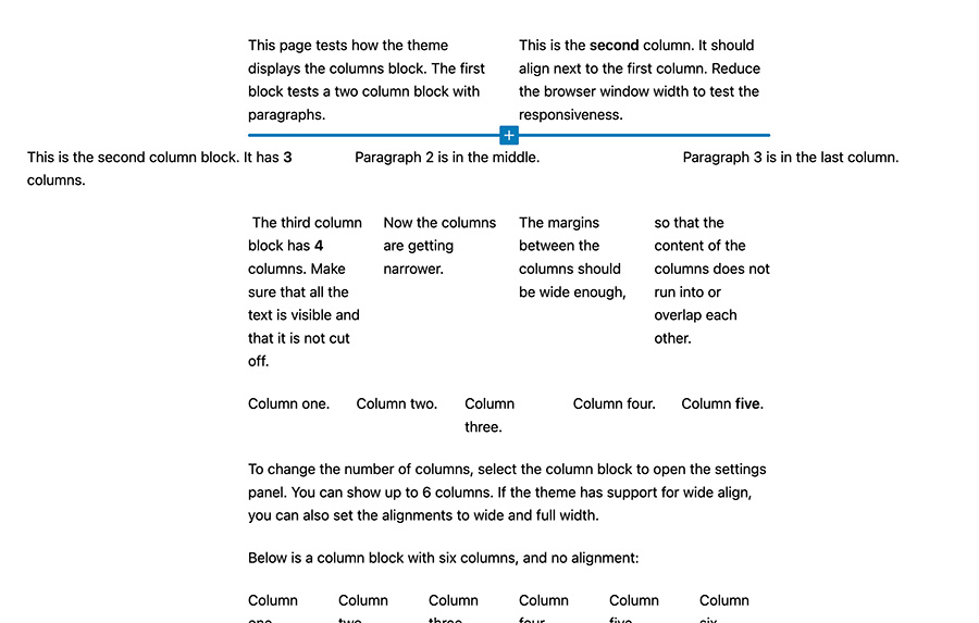 Screenshot of the columns block in the block editor