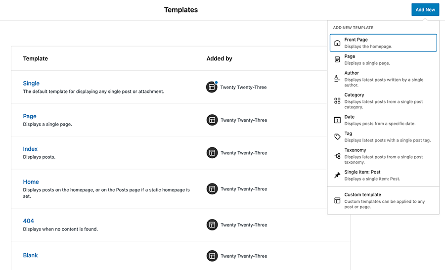 Screenshot of the templates area of the WordPress full site editor
