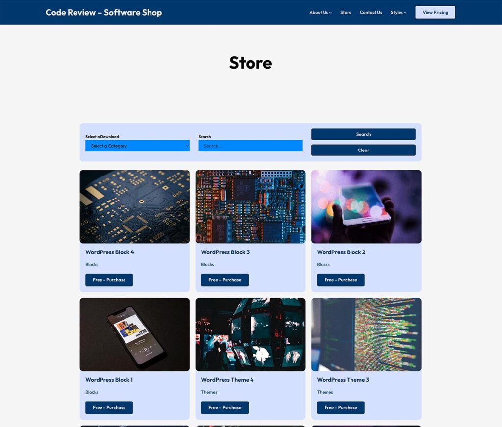 Screenshot of the store page from the Code Review Software Shop demo site