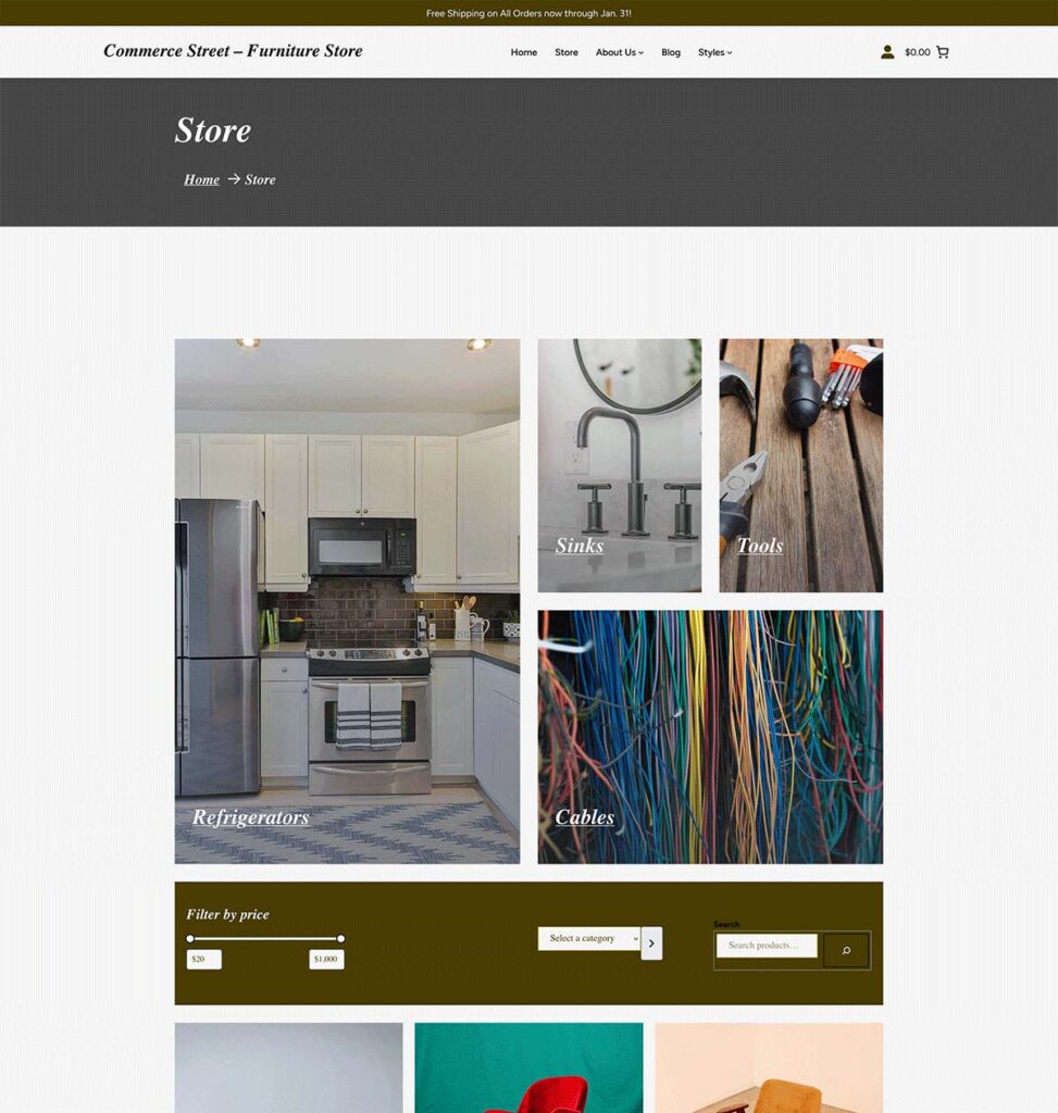 Screenshot of the store page for the Commerce Street Furniture demo site