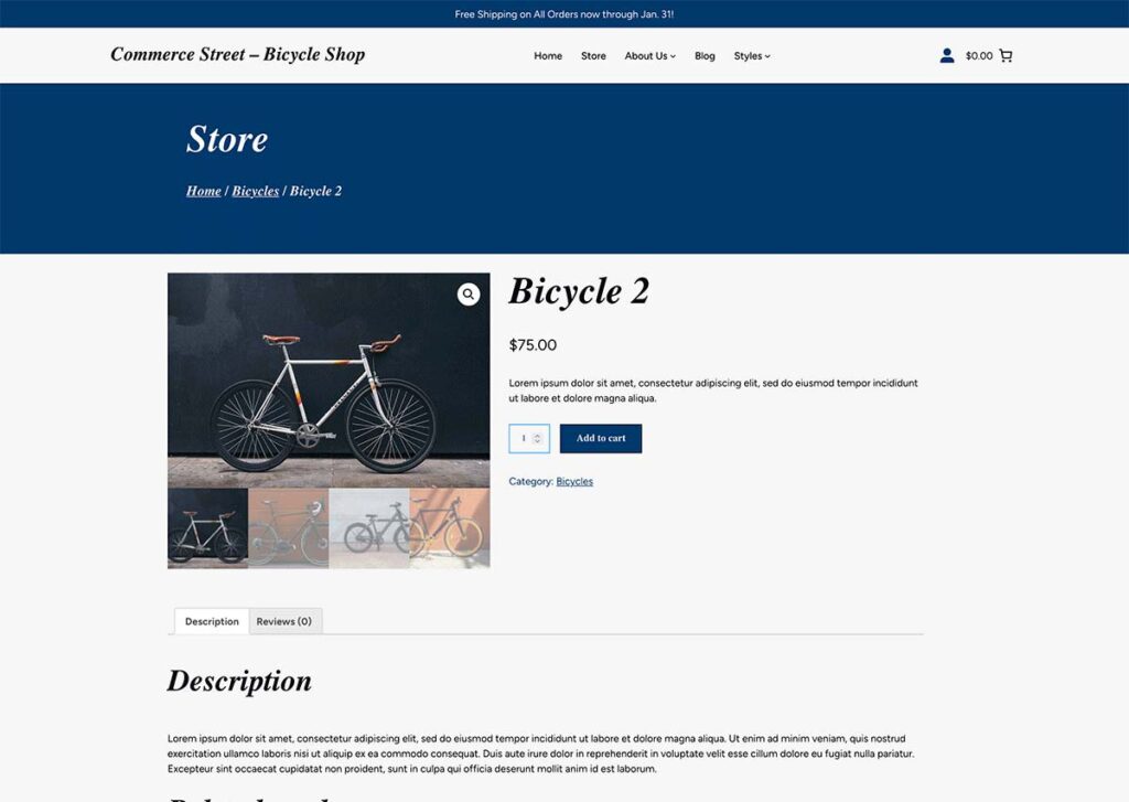 Screenshot of the product page for the Commerce Street Bicycle demo site