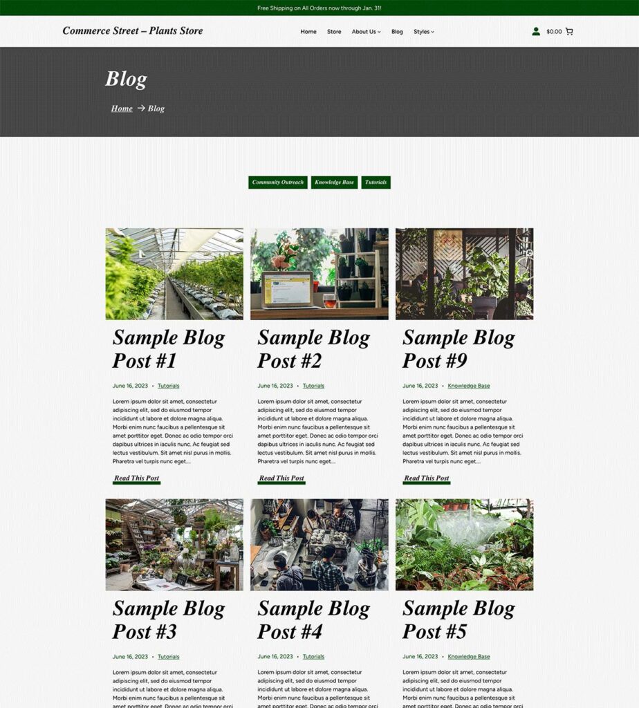 Screenshot of the blog page for the Commerce Street Plants demo site