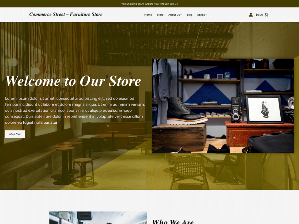 Screenshot of the homepage for the Commerce Street Furniture demo site