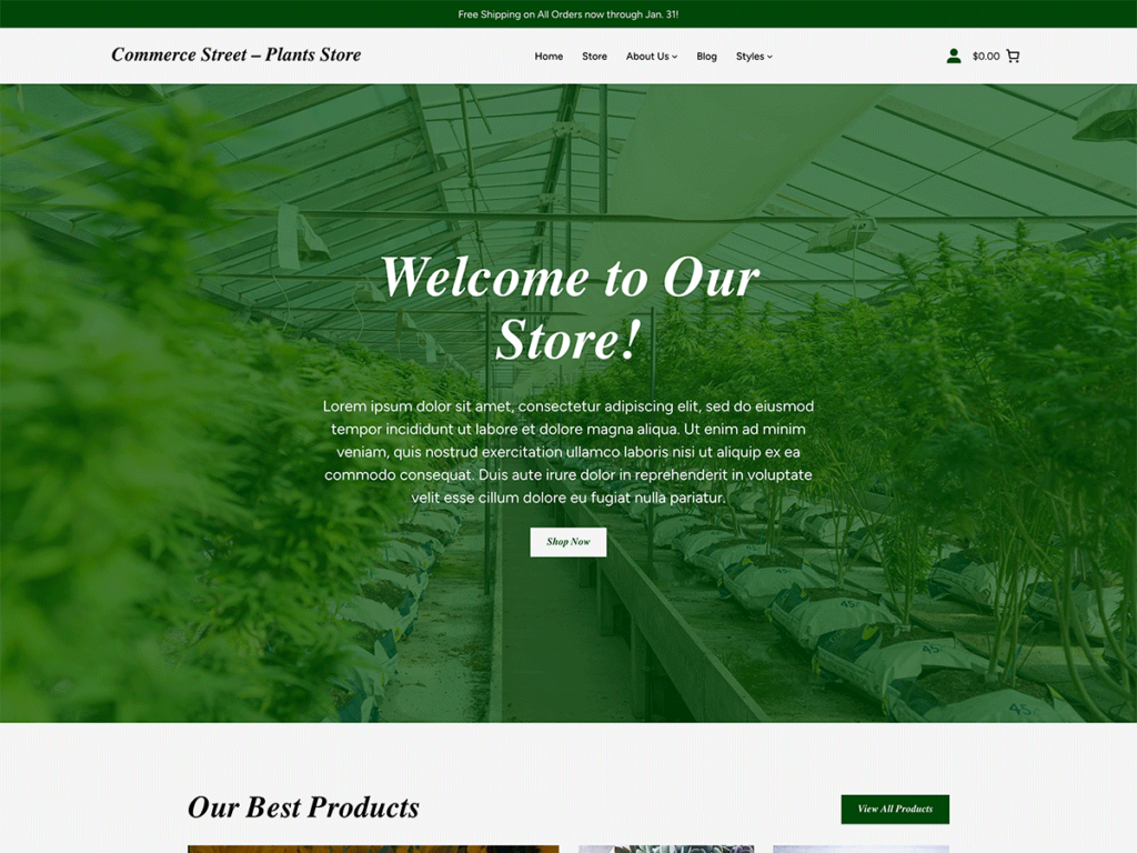 Screenshot of the homepage for the Commerce Street Plants demo site