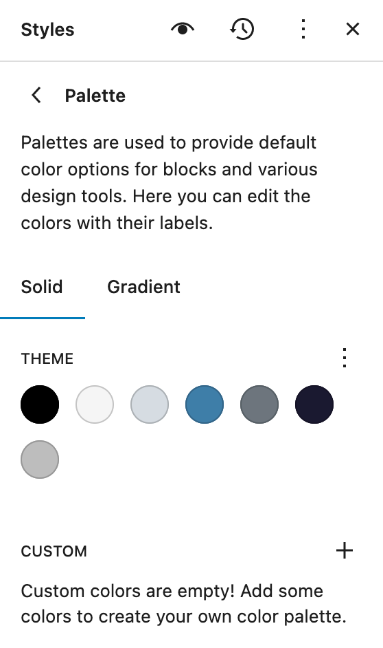 The colors panel for the WordPress site editor