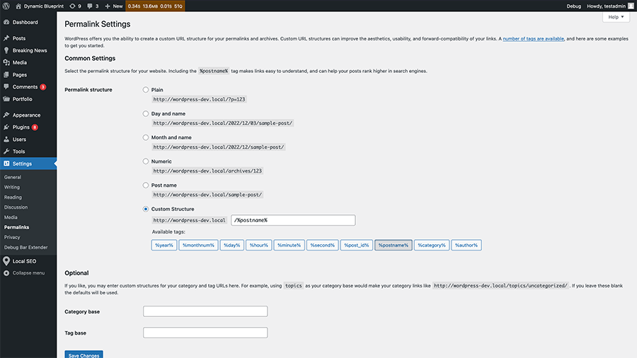 A screenshot of the permalink options screen in WordPress.