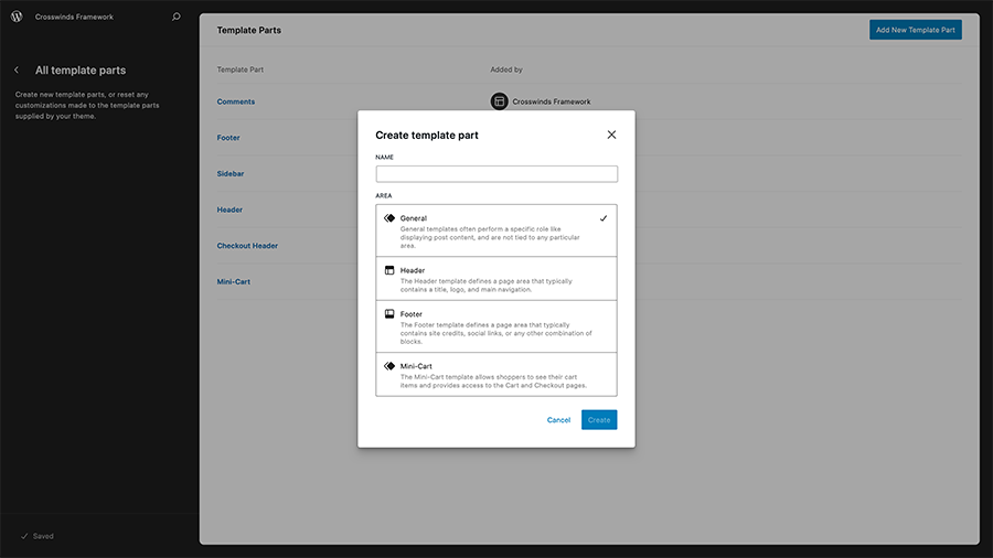 The create a template part modal in the WordPress site editor