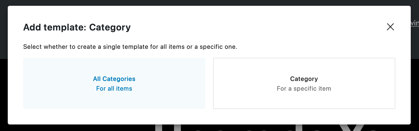 screenshot of the Add template: category modal where a user can create a category template for all templates of a specific category