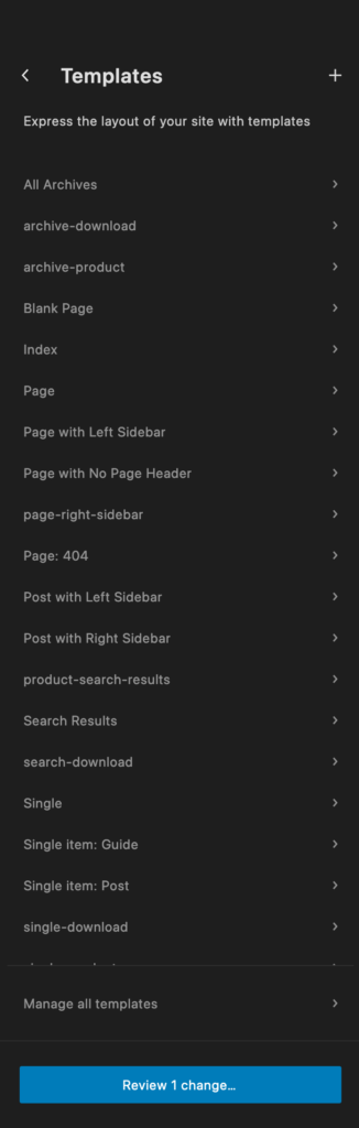 screenshot of the template list in the site editor in wordpress