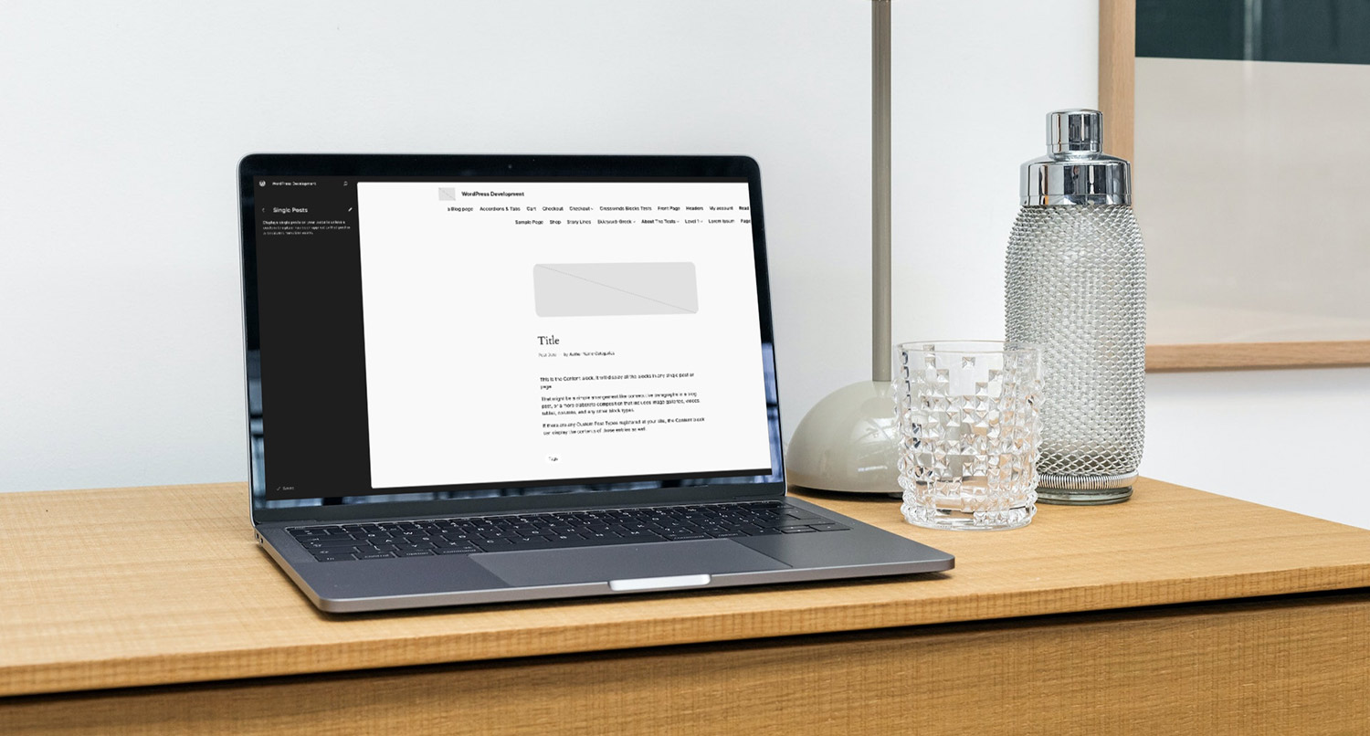 a laptop sitting on a desk showing the single post template in the WordPress site editor