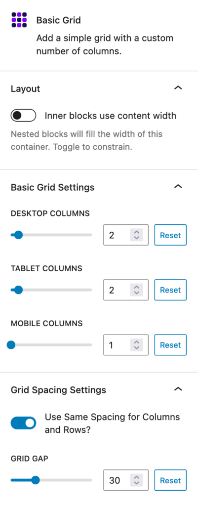 Screenshot of the settings for the grid block