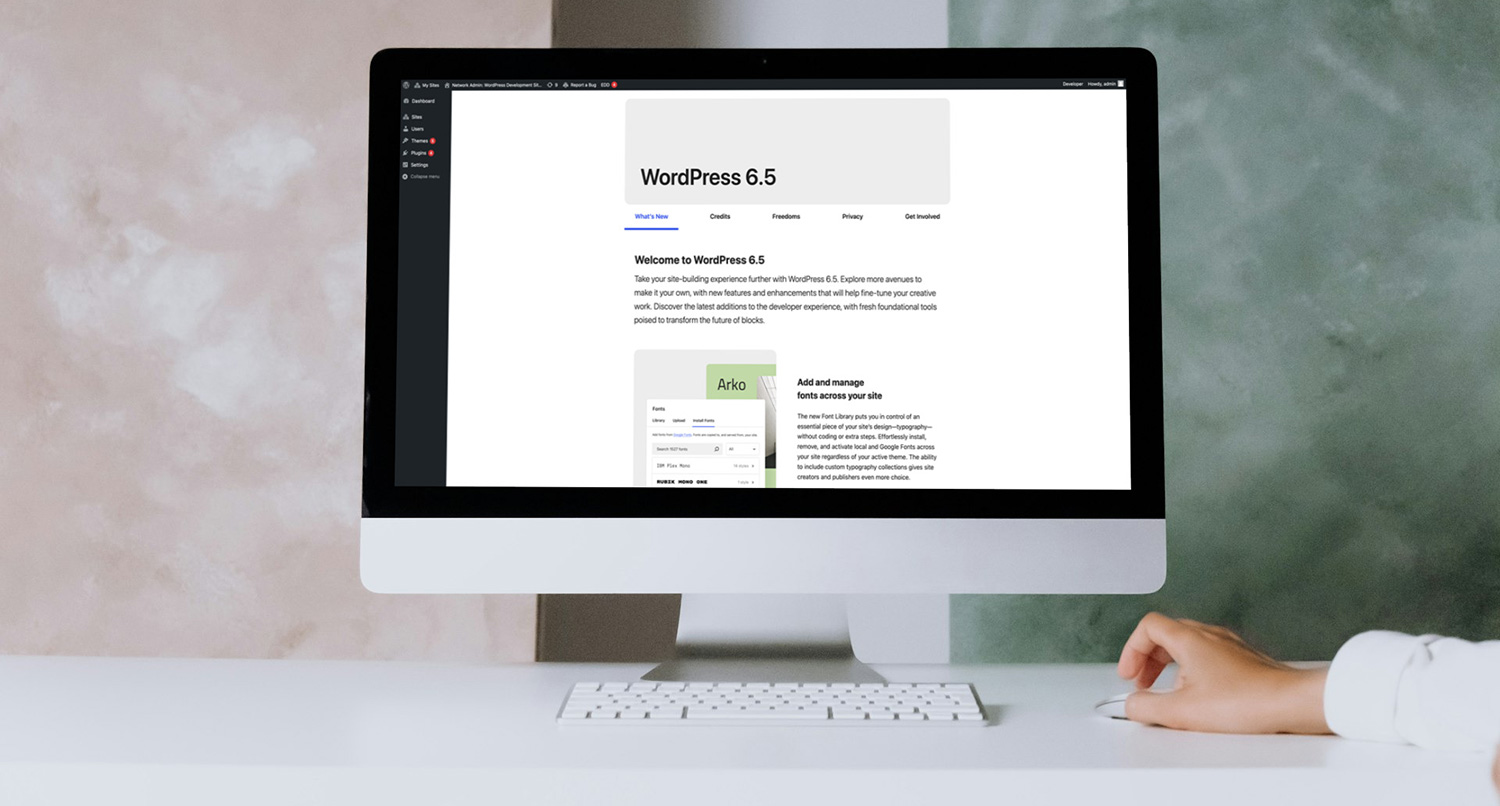An iMac showing the WordPress 6.5 about page
