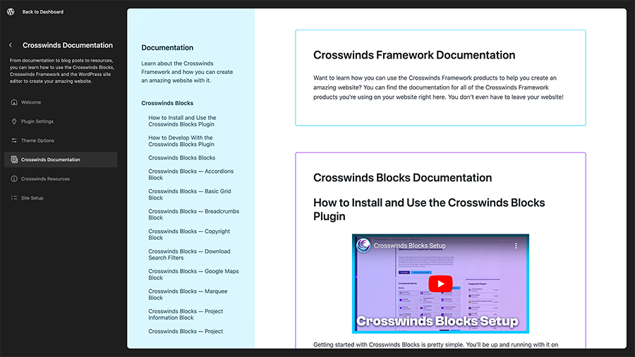 screenshot of the Crosswinds Framework settings documentation screen