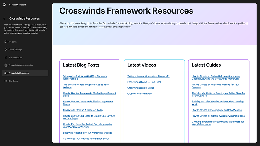 screenshot of the Crosswinds Framework settings resources screen