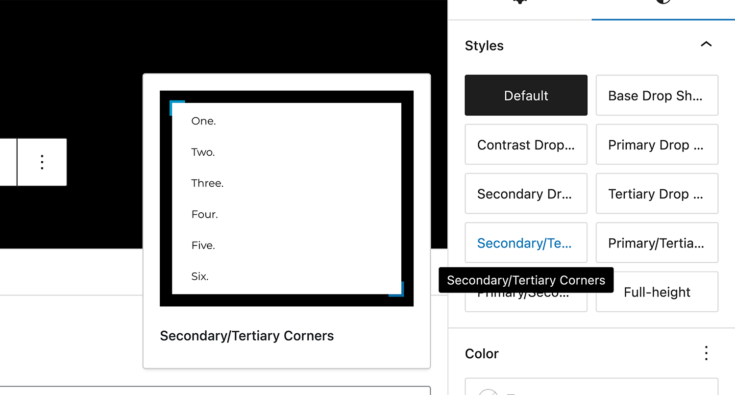 screenshot of the block styles selector in the block editor