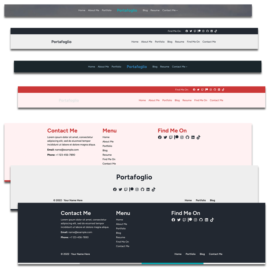 Screenshot of the various possible headers and footers for the Portafoglio WordPress theme