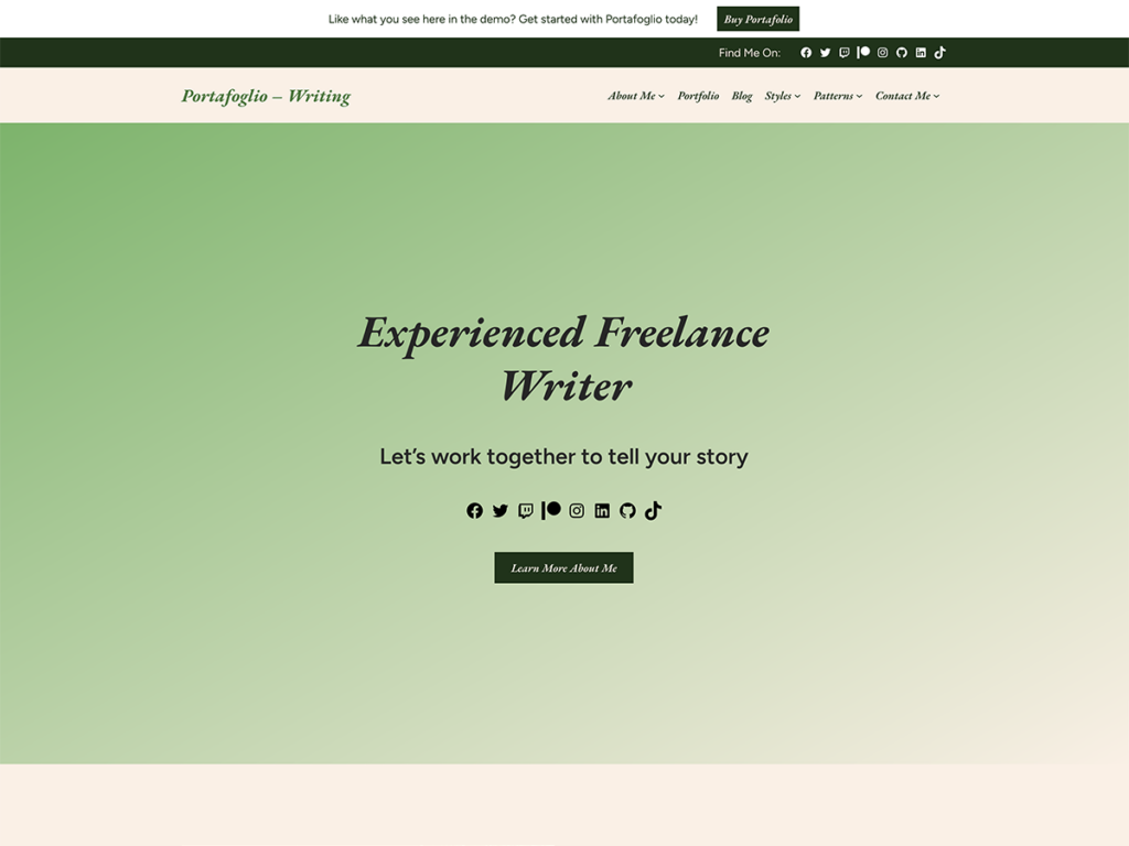 Screenshot for the writer demo site for the Portafoglio WordPress
