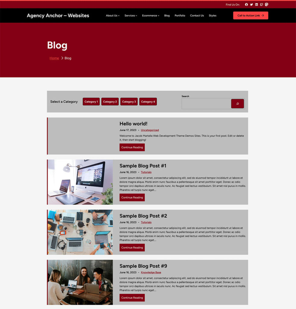 Screenshot of the Agency Anchor Websites demo site blog page