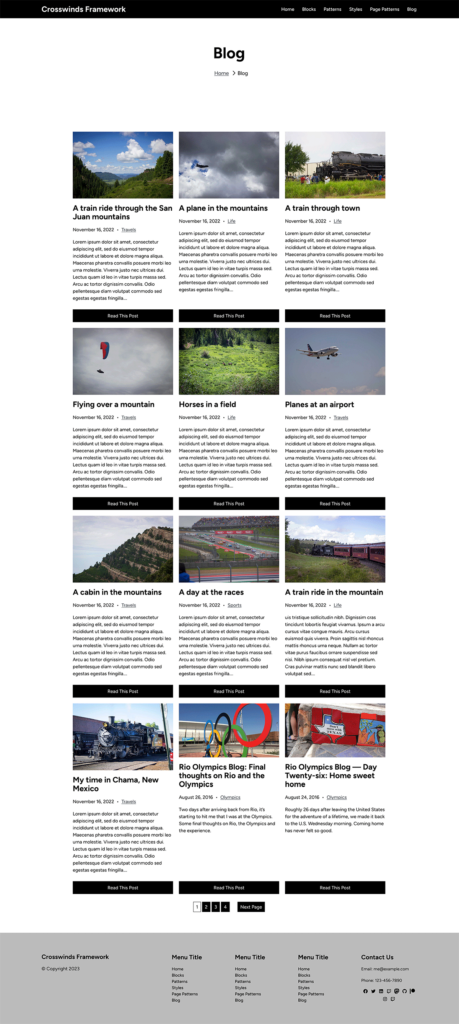 Screenshot of the blog page on the Crosswinds Framework demo site