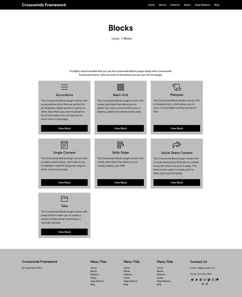 Screenshot of the blocks page on the Crosswinds Framework demo site