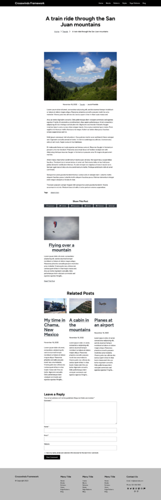 Screenshot of the single blog post page on the Crosswinds Framework demo site