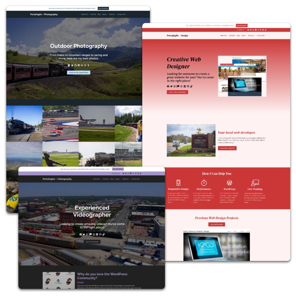 Screenshots of various layouts of the Portafoglio homepage template